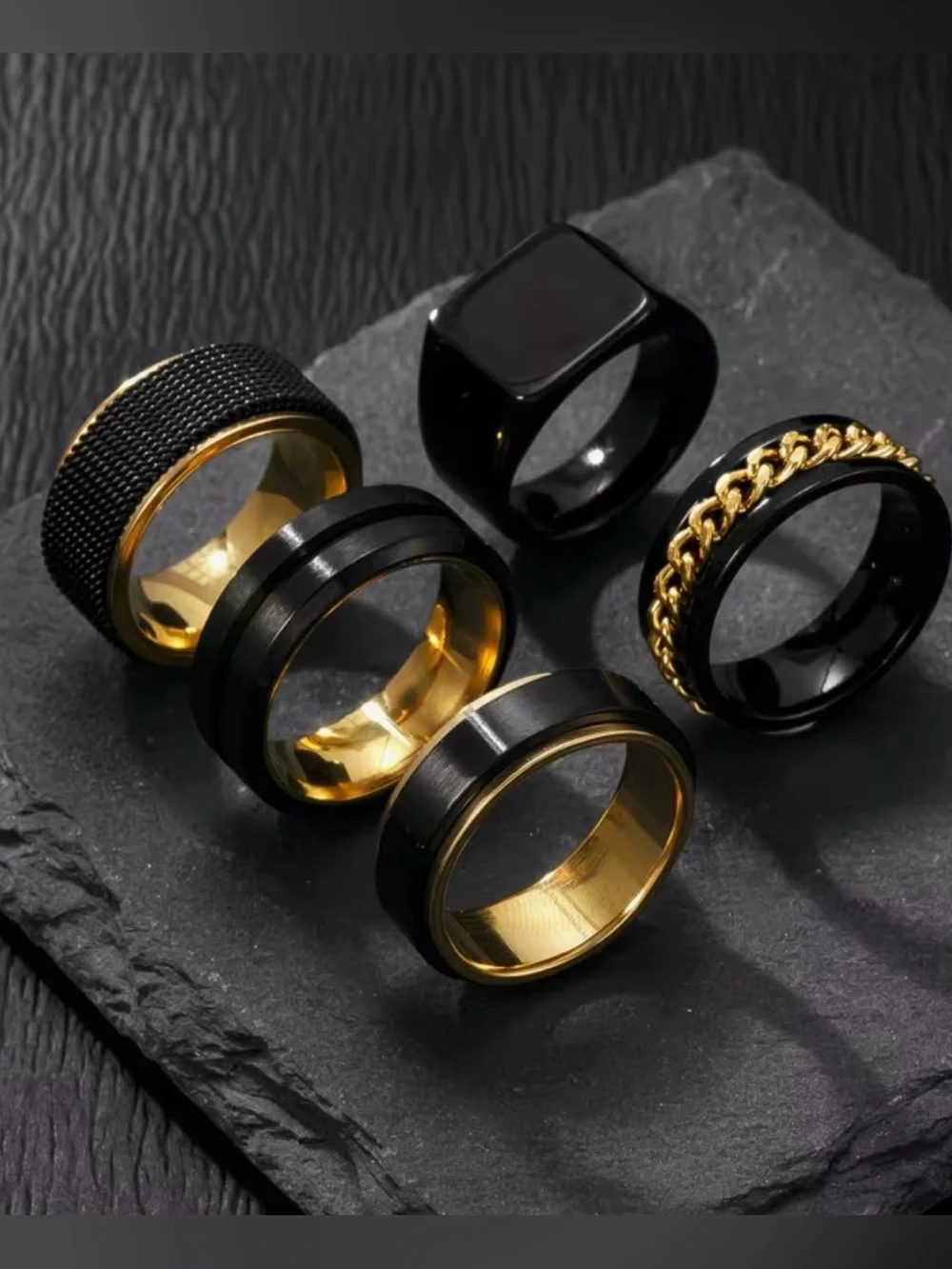 18K Gold Plated & Black Men's Stainless Steel Ring Modern Wedding Band Sz 9